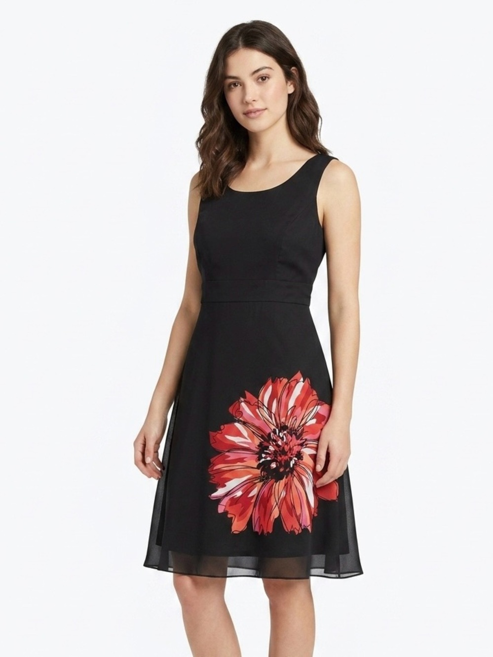Studio I,  Black Midi Dress with Red Floral Accent - L
